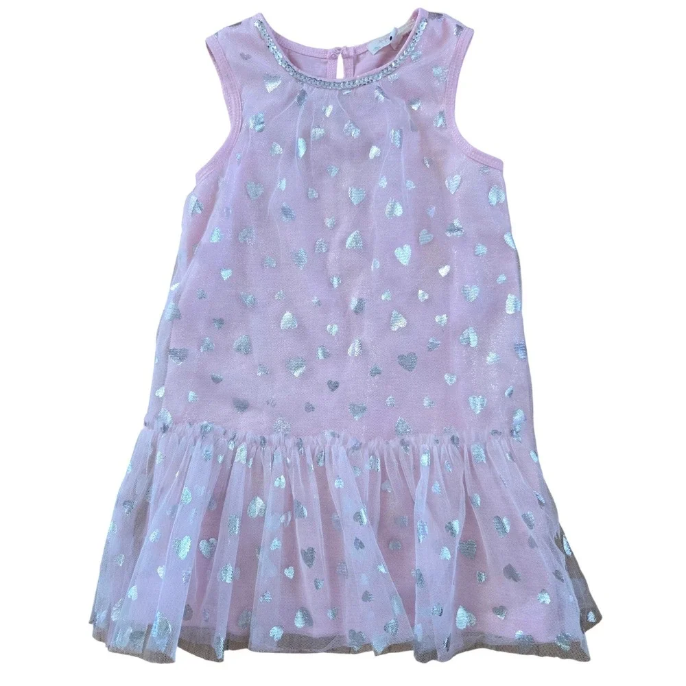 Truly Me Girls Pink Silver Foil Heart Mesh Sequin Dress‎ Size 5 RC25378N